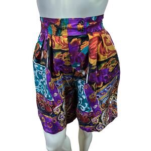 Studio New York 100% Silk Baroque Shorts High Waist Purple 90s Vintage Size S